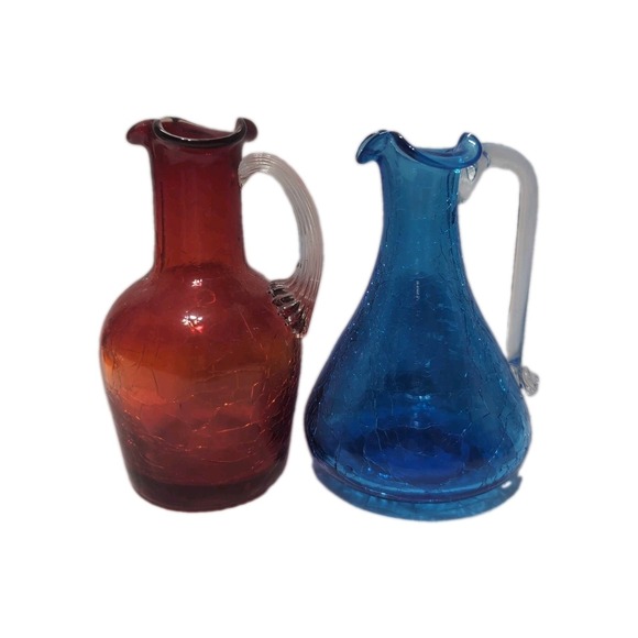 Pilgrim Other - Vintage Cracked Glass Hand Blown Mini Pitchers / Bud Vases Set Of 2 Art Glass